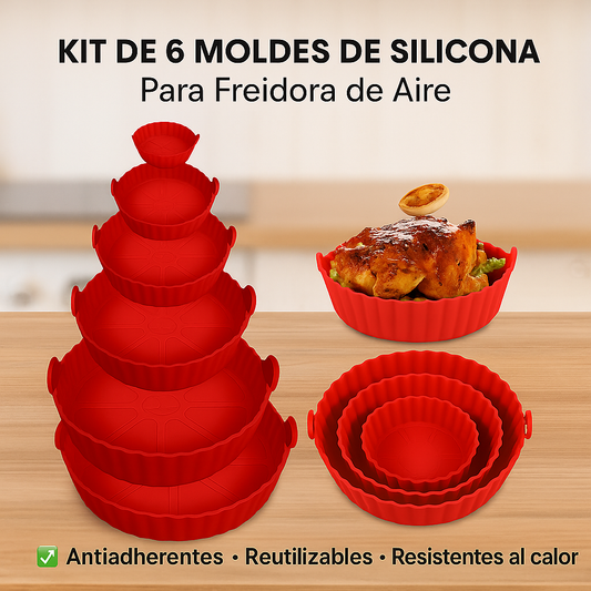 🧁KIT DE 6 MOLDES DE SILICONA PARA FREIDORA - 👉¡Cocina más fácil, limpia y saludable!